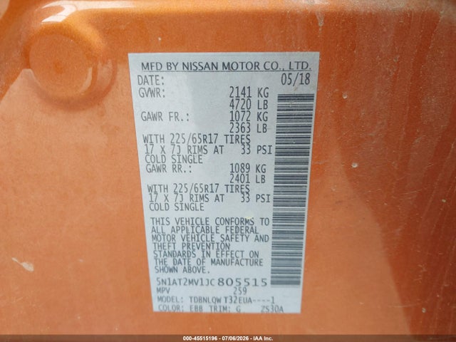 Продажа на аукционе авто 2018 Nissan Rogue Sv, vin: 5N1AT2MV1JC805515, номер лота: 45515196