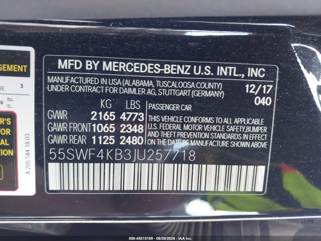 Aukcja sprzedaży 2018 Mercedes-benz C 300 4matic, vin: 55SWF4KB3JU257718, numer aukcji: 45515199