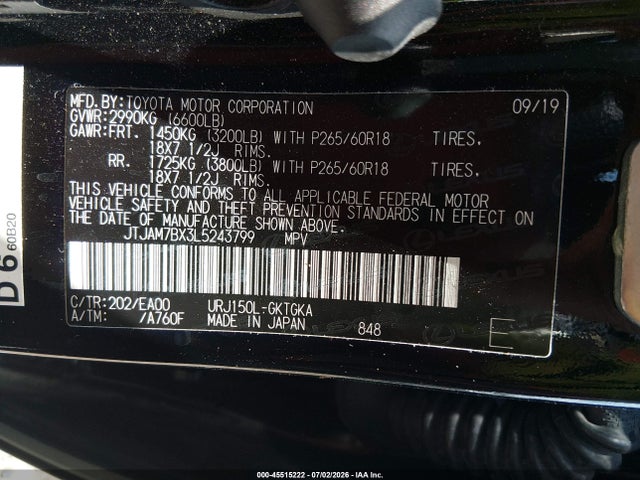 Aukcja sprzedaży 2020 Lexus Gx 460 Premium, vin: JTJAM7BX3L5243799, numer aukcji: 45515222