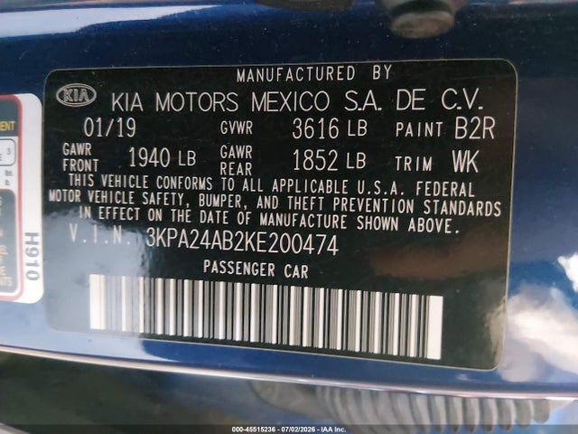 Auction sale of the 2019 Kia Rio S, vin: 3KPA24AB2KE200474, lot number: 45515236