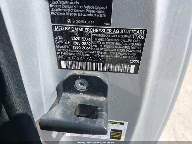 Aukcja sprzedaży 2007 Mercedes-benz Cl 600, vin: WDDEJ76X57A003292, numer aukcji: 45515264