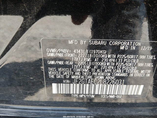 Продаж на аукціоні авто 2020 Subaru Crosstrek Premium, vin: JF2GTAEC2L8226031, номер лоту: 45515276
