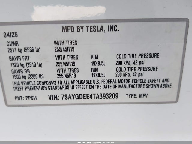 Продажа на аукционе авто 2026 Tesla Model Y All-wheel Drive/long Range Launch Series/premium All-wheel Drive, vin: 7SAYGDEE4TA393209, номер лота: 45515280