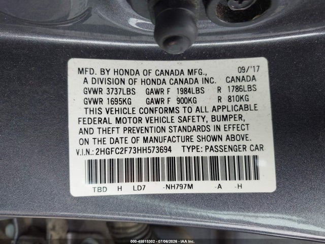 Продажа на аукционе авто 2017 Honda Civic Ex, vin: 2HGFC2F73HH573694, номер лота: 45515302