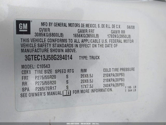 45515305 :رقم المزاد ، 3GTEC13J58G284014 vin ، 2008 Gmc Sierra 1500 Sle1 مزاد بيع