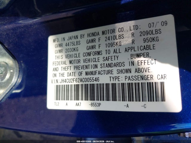 45515308 :رقم المزاد ، JH4CU2F62AC005546 vin ، 2010 Acura Tsx 2.4 مزاد بيع