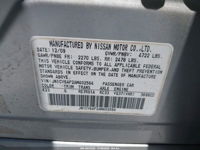 2010 Infiniti G37 Journey მანქანა იყიდება აუქციონზე, vin: JN1CV6AP2AM402564, აუქციონის ნომერი: 45515320