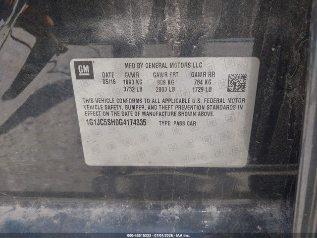 Aukcja sprzedaży 2016 Chevrolet Sonic Lt Auto, vin: 1G1JC5SH0G4174335, numer aukcji: 45515333