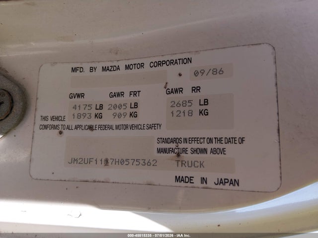 Продажа на аукционе авто 1987 Mazda B2000, vin: JM2UF1117H0575362, номер лота: 45515335