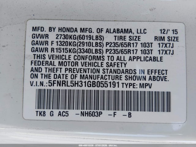5FNRL5H31GB055191 Honda ODYSSEY SE