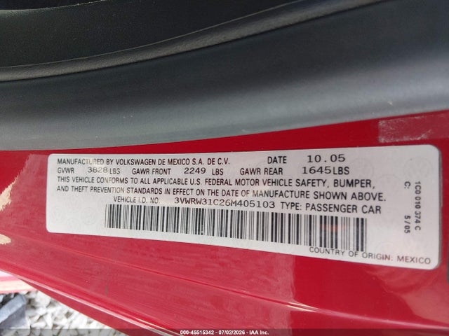 2006 Volkswagen New Beetle 2.5 მანქანა იყიდება აუქციონზე, vin: 3VWRW31C26M405103, აუქციონის ნომერი: 45515342