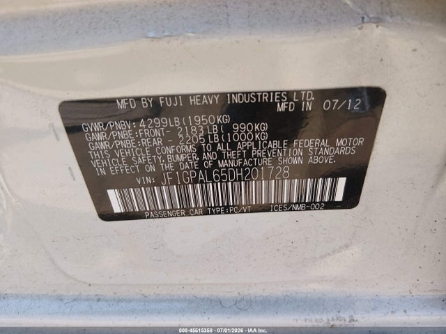2013 Subaru Impreza 2.0i Sport Premium მანქანა იყიდება აუქციონზე, vin: JF1GPAL65DH201728, აუქციონის ნომერი: 45515358