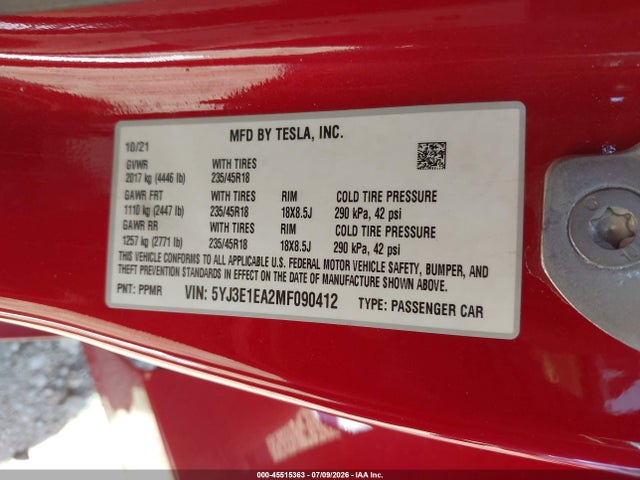 Tesla Model 3 Standard Range Plus Rear-wheel Drive 2021 5YJ3E1EA2MF090412 Image 9