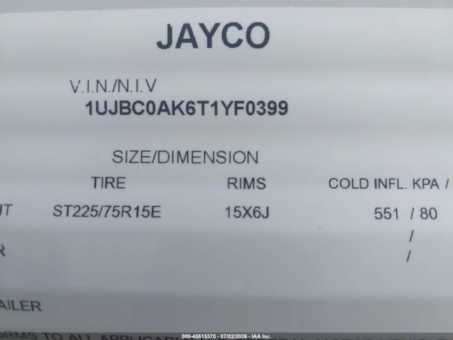 Продаж на аукціоні авто 2026 Jayco Slx, vin: 1UJBC0AK6T1YF0399, номер лоту: 45515370