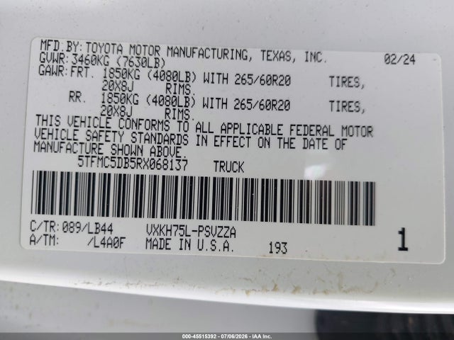 Продажа на аукционе авто 2024 Toyota Tundra Hybrid 1794 Edition 4wd, vin: 5TFMC5DB5RX068137, номер лота: 45515392
