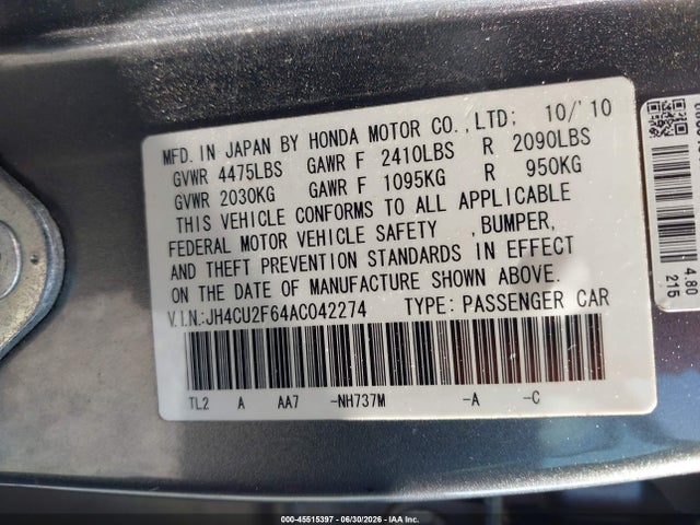 45515397 :رقم المزاد ، JH4CU2F64AC042274 vin ، 2010 Acura Tsx 2.4 مزاد بيع