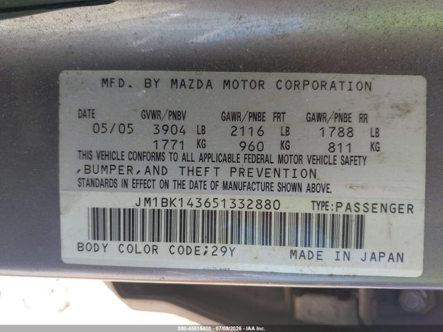 Aukcja sprzedaży 2005 Mazda Mazda3 S, vin: JM1BK143651332880, numer aukcji: 45515400