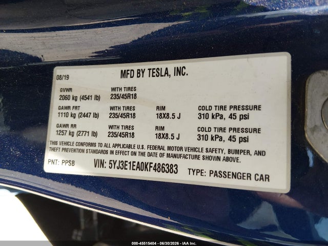 Tesla Model 3 Long Range/mid Range/standard Range/standard Range Plus 2019 5YJ3E1EA0KF486383 Image 9