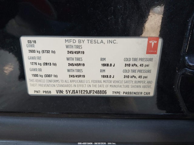 Продаж на аукціоні авто 2018 Tesla Model S 100d/75d/p100d, vin: 5YJSA1E29JF248806, номер лоту: 45515406