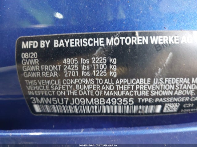Aukcja sprzedaży 2021 Bmw 3 Series M340i, vin: 3MW5U7J09M8B49355, numer aukcji: 45515407