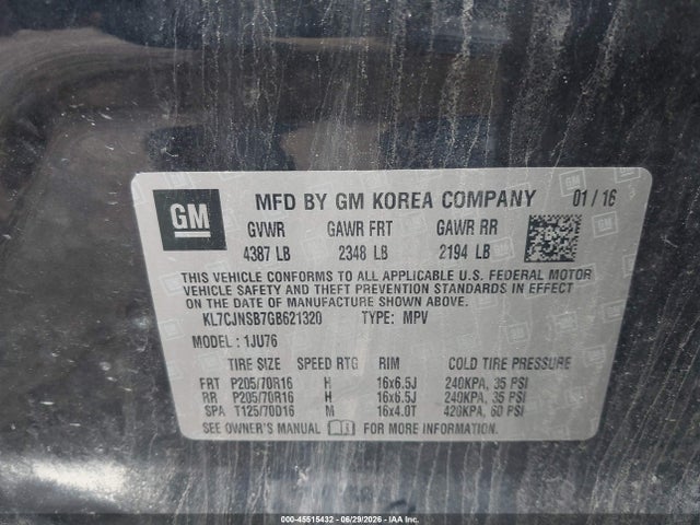 KL7CJNSB7GB621320 Chevrolet TRAX LS