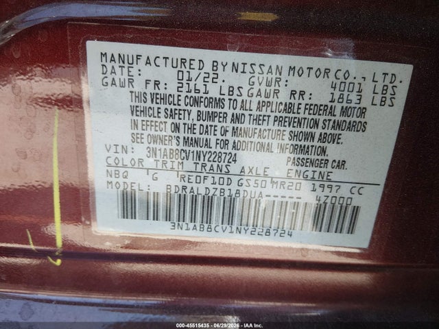 Продаж на аукціоні авто 2022 Nissan Sentra Sv Xtronic Cvt, vin: 3N1AB8CV1NY228724, номер лоту: 45515435
