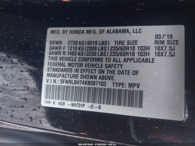 2019 Honda Odyssey Ex-l მანქანა იყიდება აუქციონზე, vin: 5FNRL6H74KB087103, აუქციონის ნომერი: 45515440