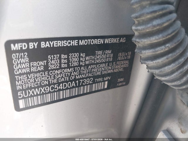 45515447 :رقم المزاد ، 5UXWX9C54D0A17392 vin ، 2013 Bmw X3 Xdrive28i مزاد بيع