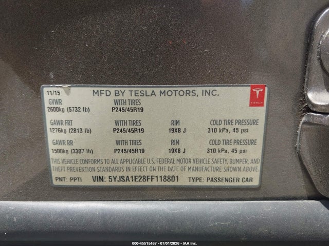 Aukcja sprzedaży 2015 Tesla Model S 70d/85d/p85d, vin: 5YJSA1E28FF118801, numer aukcji: 45515467