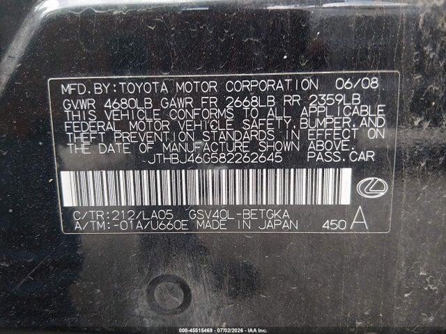 2008 Lexus Es 350 მანქანა იყიდება აუქციონზე, vin: JTHBJ46G582262645, აუქციონის ნომერი: 45515469