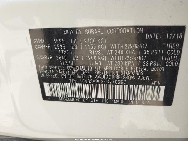 Продаж на аукціоні авто 2019 Subaru Outback 2.5i, vin: 4S4BSABCXK3270267, номер лоту: 45515470