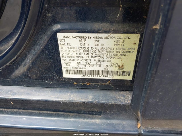 Aukcja sprzedaży 2005 Nissan Altima 2.5 S, vin: 1N4AL11D35C398173, numer aukcji: 45515476