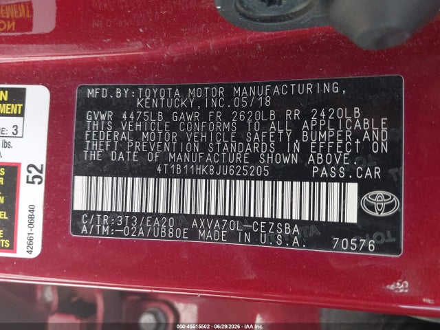 4T1B11HK8JU625205 Toyota CAMRY SE