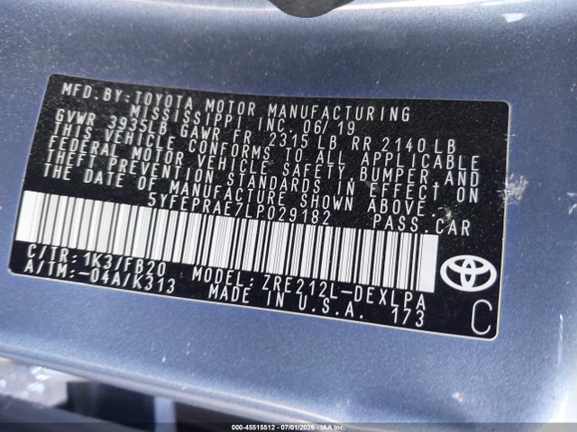 2020 Toyota Corolla Le მანქანა იყიდება აუქციონზე, vin: 5YFEPRAE7LP029182, აუქციონის ნომერი: 45515512