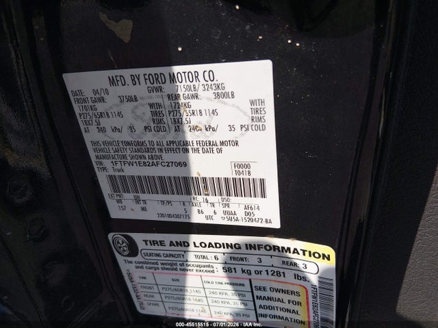 2010 Ford F-150 Xl/xlt მანქანა იყიდება აუქციონზე, vin: 1FTFW1E82AFC27069, აუქციონის ნომერი: 45515515