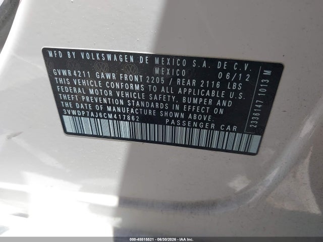 Продажа на аукционе авто 2012 Volkswagen Jetta 2.5l Se, vin: 3VWDP7AJ6CM417862, номер лота: 45515521