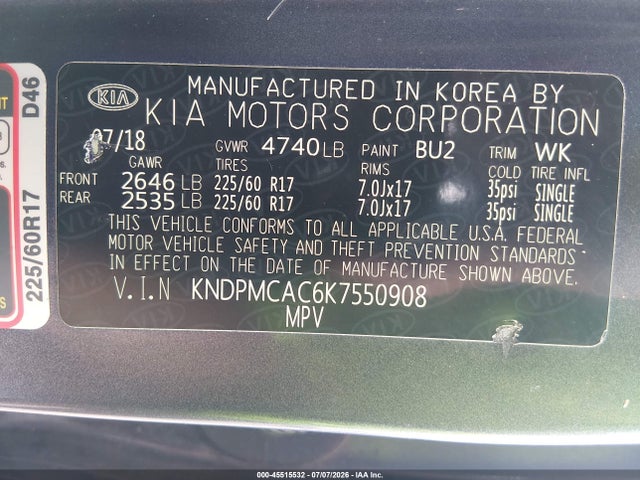 45515532 :رقم المزاد ، KNDPMCAC6K7550908 vin ، 2019 Kia Sportage Lx مزاد بيع