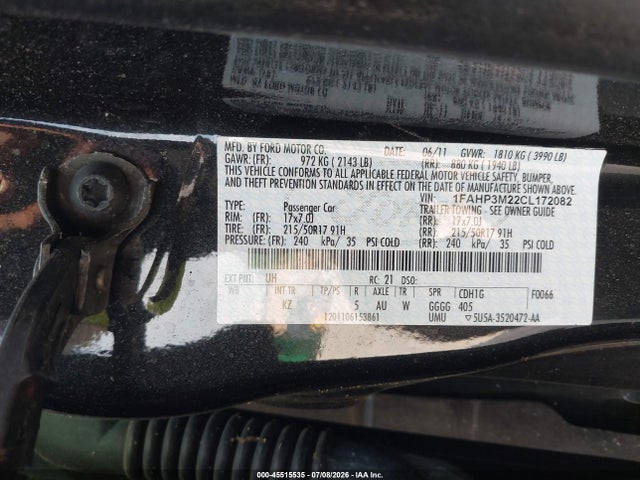 Aukcja sprzedaży 2012 Ford Focus Sel, vin: 1FAHP3M22CL172082, numer aukcji: 45515535