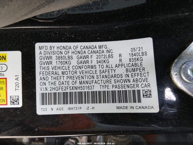 Продаж на аукціоні авто 2022 Honda Civic Sport, vin: 2HGFE2F5XNH501637, номер лоту: 45515537