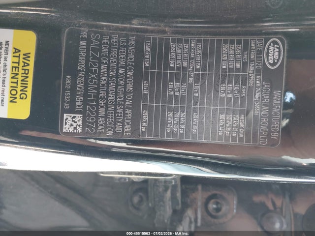 2021 Land Rover Range Rover Evoque S მანქანა იყიდება აუქციონზე, vin: SALZJ2FX5MH122972, აუქციონის ნომერი: 45515563
