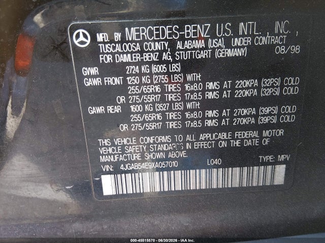Aukcja sprzedaży 1999 Mercedes-benz Ml 320, vin: 4JGAB54E9XA057010, numer aukcji: 45515570