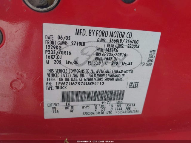 Продажа на аукционе авто 2005 Ford Explorer Sport Trac Adrenalin/xls/xlt, vin: 1FMZU67K75UB94110, номер лота: 45515579