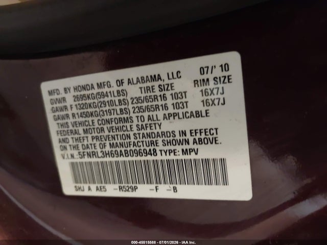 Продажа на аукционе авто 2010 Honda Odyssey Ex-l, vin: 5FNRL3H69AB096948, номер лота: 45515588