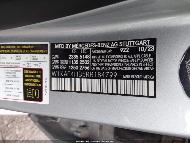 Продажа на аукционе авто 2024 Mercedes-benz C 300, vin: W1KAF4HB5RR184799, номер лота: 45515592
