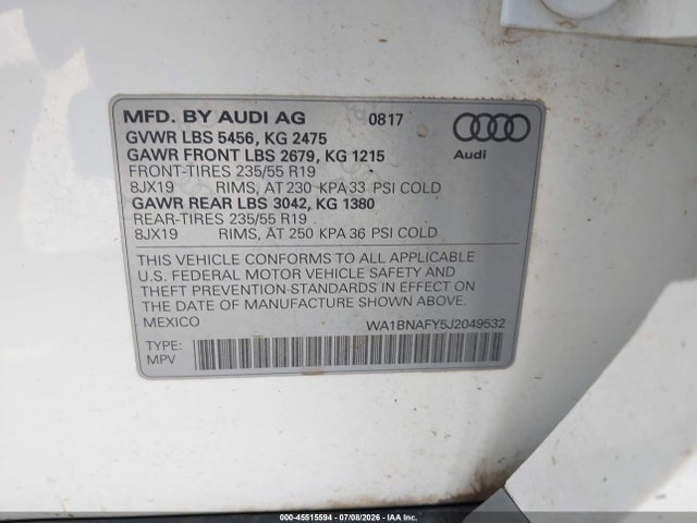 Aukcja sprzedaży 2018 Audi Q5 2.0t Premium/2.0t Tech Premium, vin: WA1BNAFY5J2049532, numer aukcji: 45515594