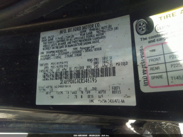 Aukcja sprzedaży 2012 Ford Fusion Sport, vin: 3FAHP0KC4CR346195, numer aukcji: 45515598