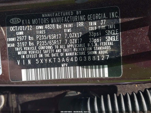 45515603 :رقم المزاد ، 5XYKT3A64DG388127 vin ، 2013 Kia Sorento Lx مزاد بيع