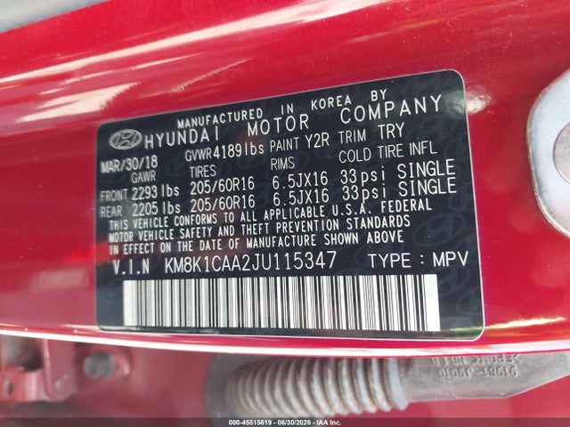 KM8K1CAA2JU115347 Hyundai Kona Se