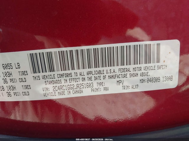 Aukcja sprzedaży 2018 Chrysler Pacifica Limited, vin: 2C4RC1GG2JR251603, numer aukcji: 45515637