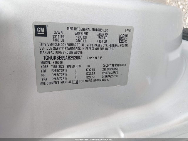 45515641 :رقم المزاد ، 1GNUKBE09AR292087 vin ، 2010 Chevrolet Tahoe Lt مزاد بيع